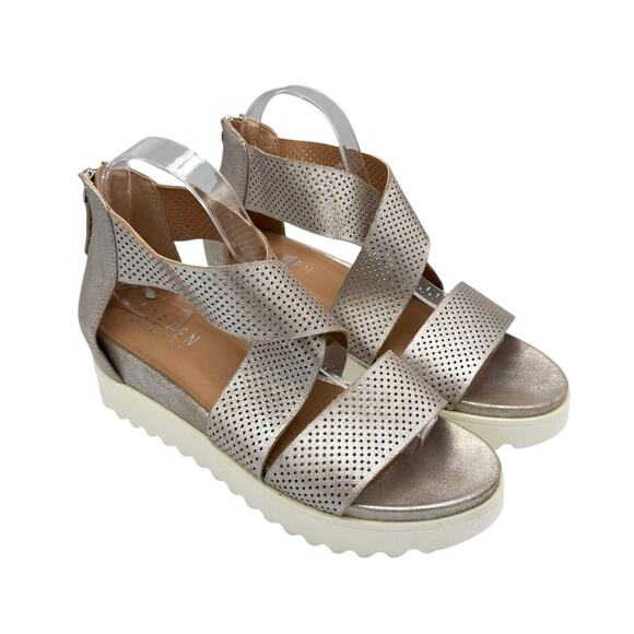 Steven Steve Madden Natural Comfort Klein Silver Leather Perforated Wedge Sandal - Picture 6 of 11